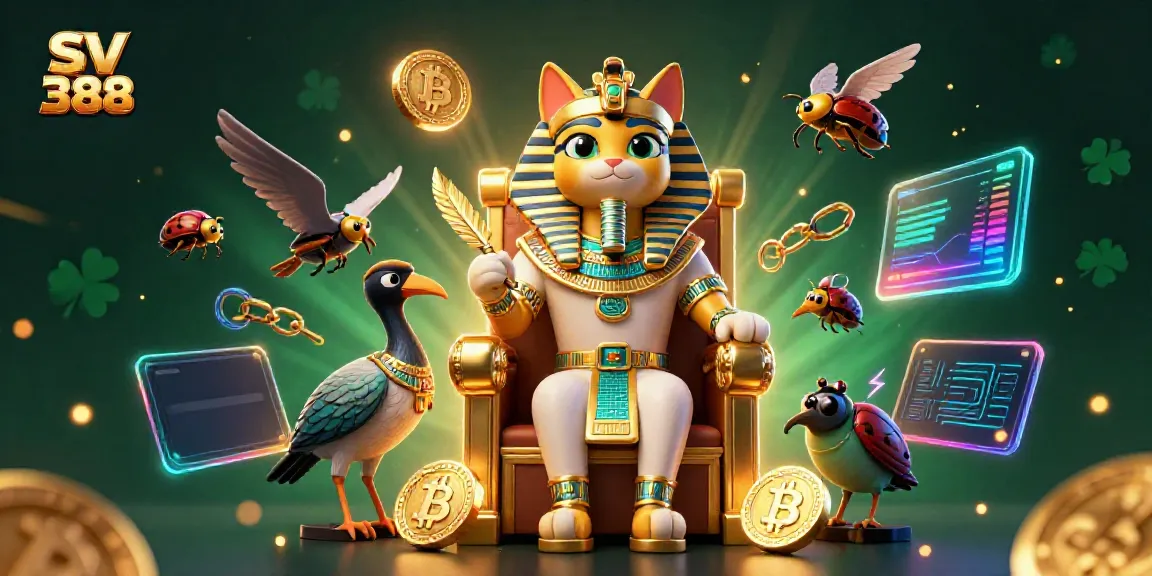 Bet on thrilling experiences with SV 388 featuring a vibrant scene of a pharaoh cat and crypto elements.