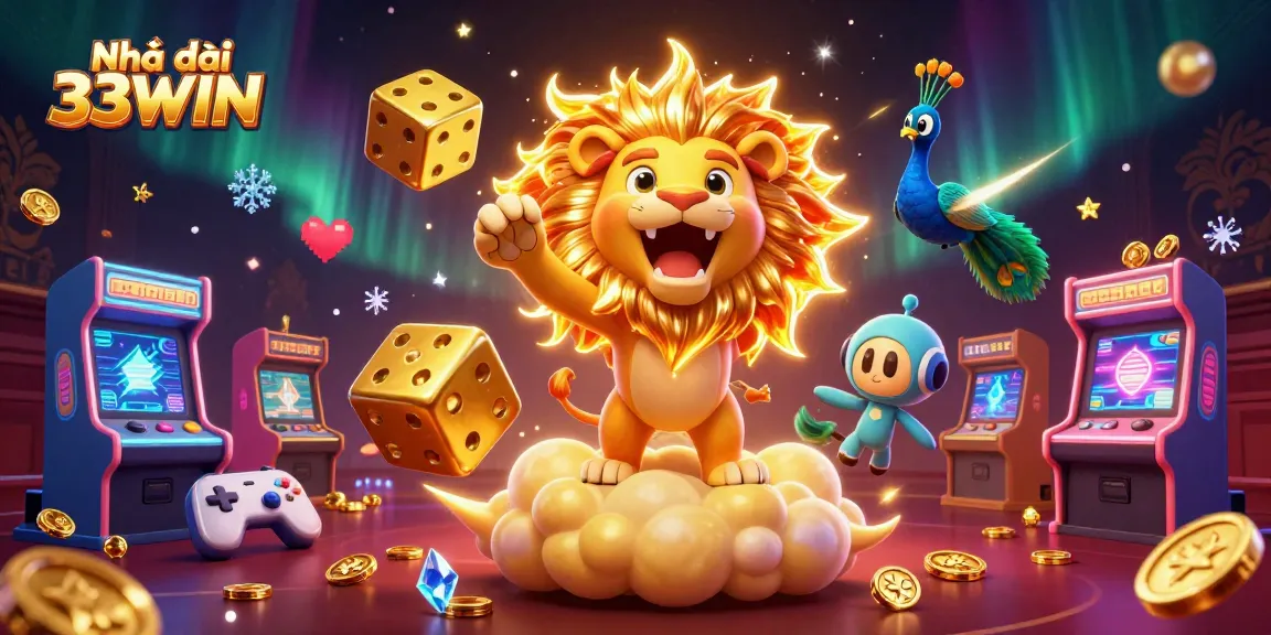 Play exciting games at Nhà cái 33WIN with an engaging 3D casino illustration showcasing vibrant activities.