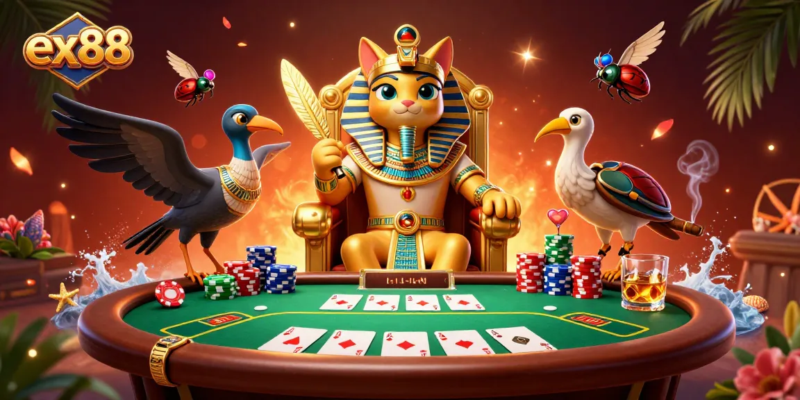 Engage in exciting poker action with ex88's vibrant 3D casino scene featuring a pharaoh cat.