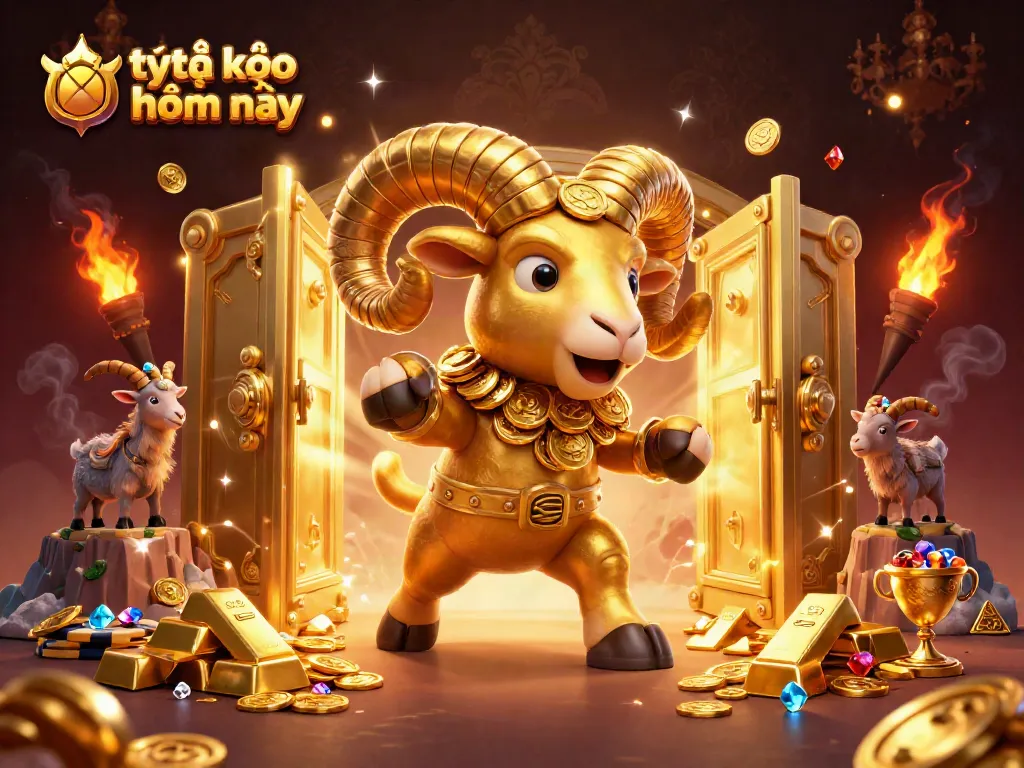 Tỷ lệ kèo nhà cái hôm nay illustrated with a golden ram and treasures in a vibrant casino setting.