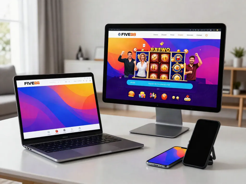 Engaging scene of FIVE88 online betting platform showcasing vibrant user interface and happy players celebrating wins.