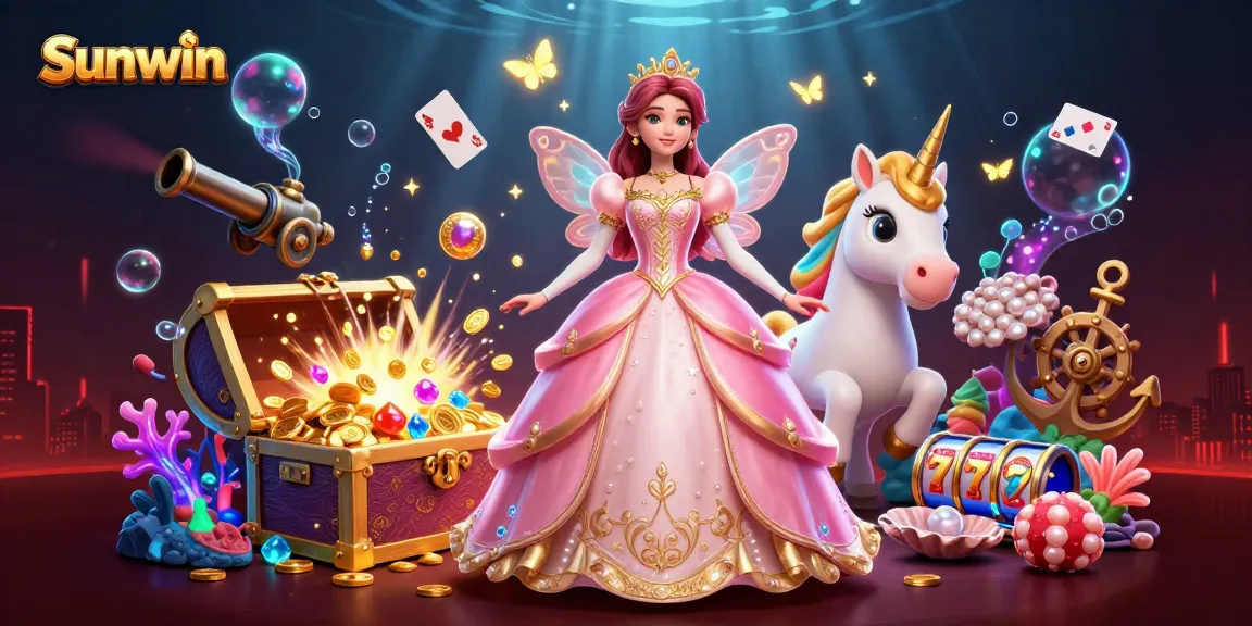 Engage with Sunwin's vibrant gaming world featuring a glamorous character, golden unicorn, and colorful slot games.