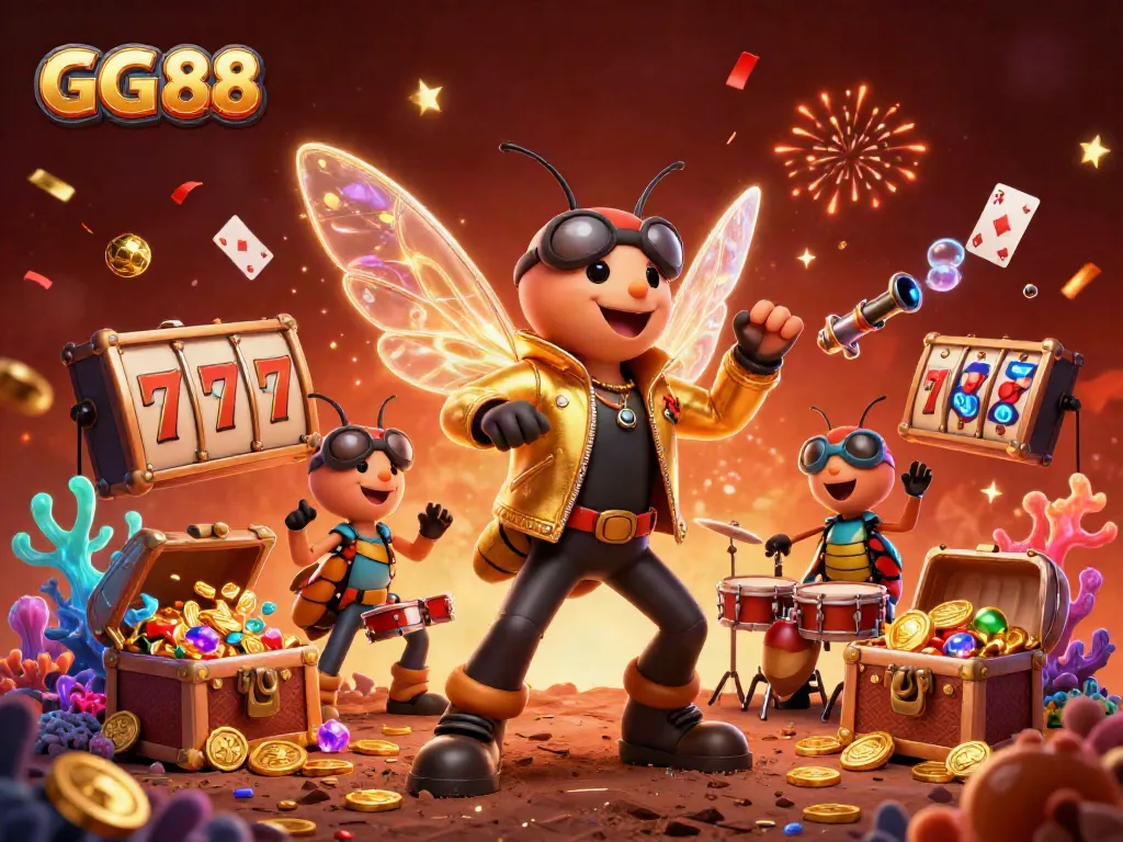 Experience thrilling wins with GG 88's dynamic 3D casino-themed illustration, featuring a rock star and vibrant game elements.