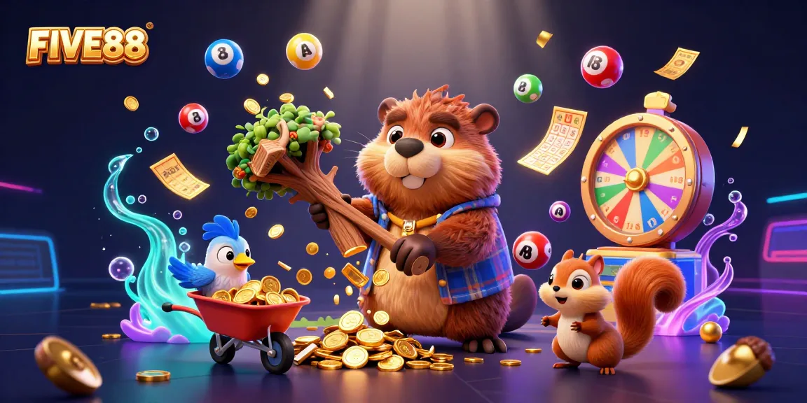 Engage with the vibrant world of FIVE88 casino through a fun illustration featuring a beaver, bird, and squirrel amidst excitement.