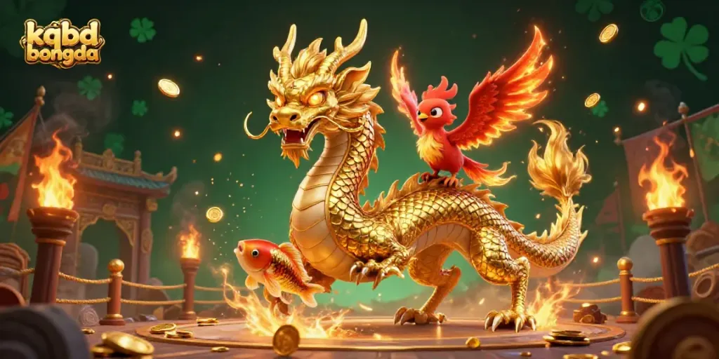 Experience the thrill of kqbd bongda with a golden dragon and phoenix amidst a treasure-filled scene.