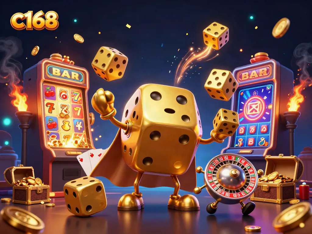 c168 showcases a vibrant 3D casino scene with a golden dice golem juggling and dynamic game elements.