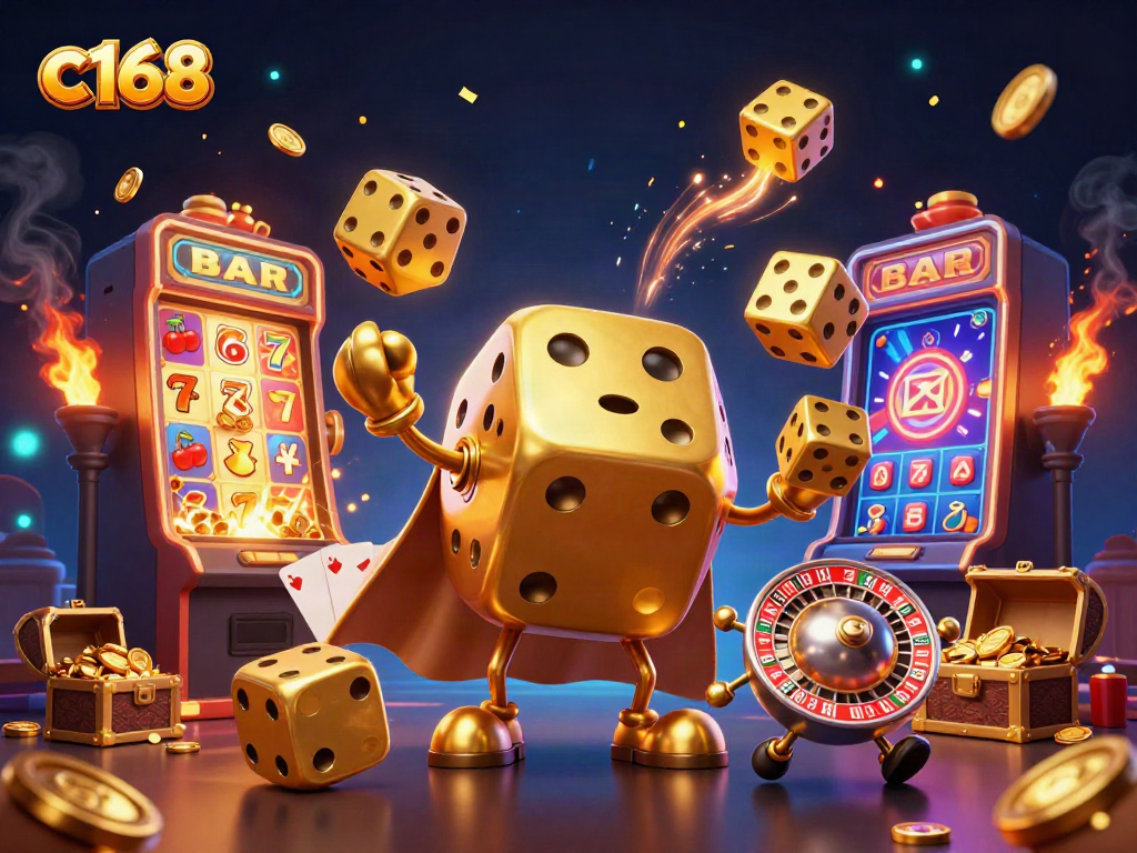 c168 showcases a vibrant 3D casino scene with a golden dice golem juggling and dynamic game elements.