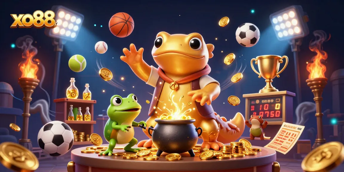 Experience excitement with xo88, featuring a golden salamander and sports-themed casino elements in a captivating scene.