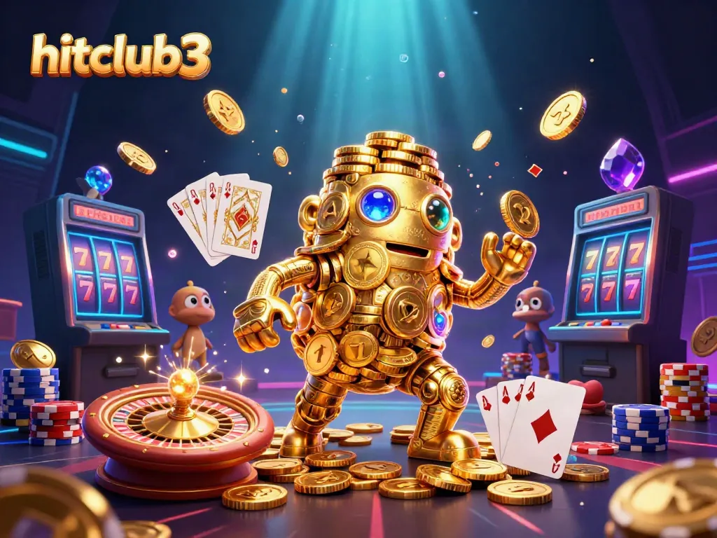 Experience thrilling games at hitclub3, featuring a mighty golden golem and vibrant casino elements.