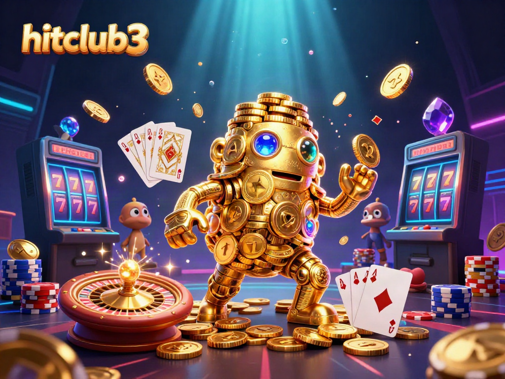 Experience thrilling games at hitclub3, featuring a mighty golden golem and vibrant casino elements.