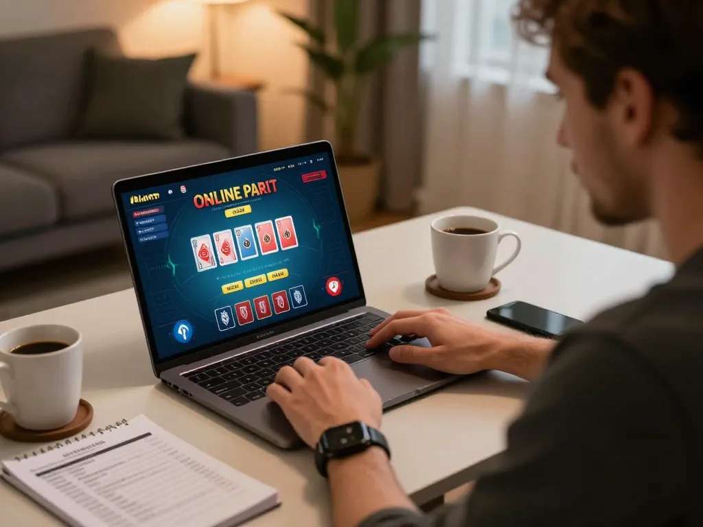 Engaging online gaming session on https://98win8.co.com/, showcasing poker strategy at home with focused player.
