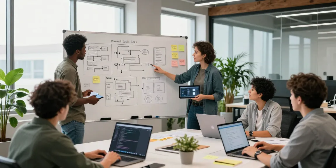 Collaborative team building internal tools with AI in a modern tech workspace.