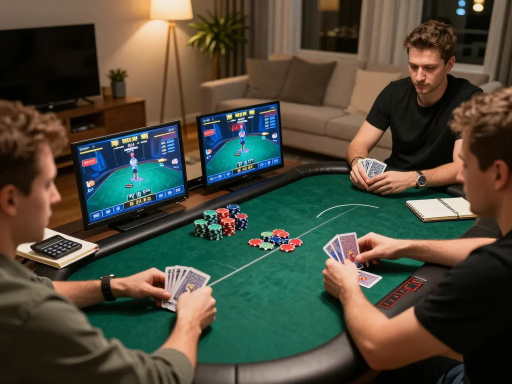 XX88 players engaging in an online poker tournament at home, showcasing strategy and excitement.