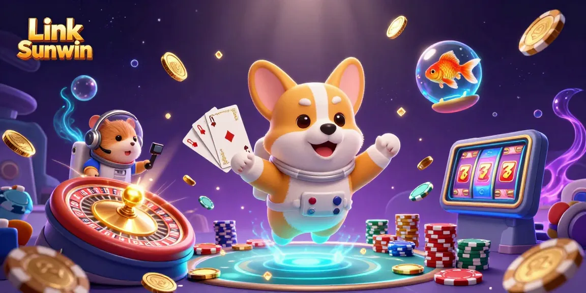 Link Sunwin showcases an astronaut corgi playing casino games in zero gravity, surrounded by floating poker chips.