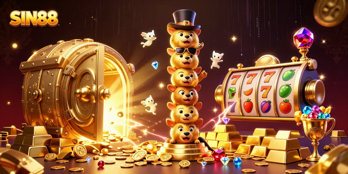 SIN88 showcases exciting 3D cartoon illustration of a vibrant golden totem pole among dazzling casino treasures.
