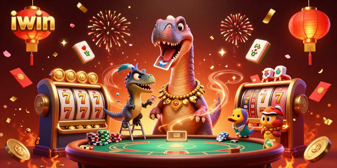 Experience vibrant gameplay with iwin as a dinosaur deals cards in a dynamic casino scene.