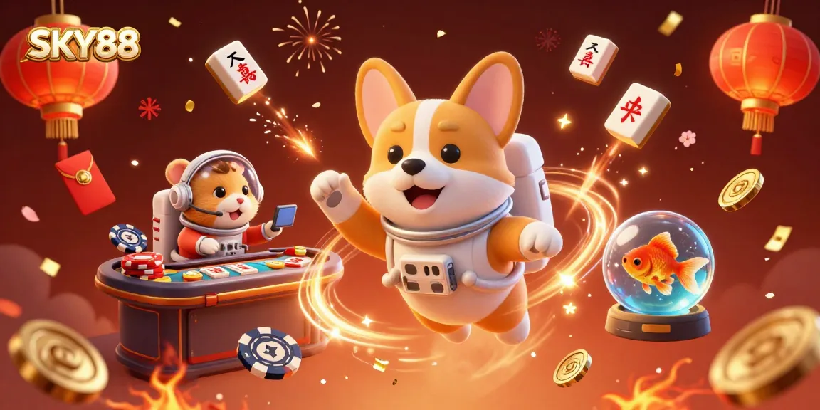 Take a chance with SKY88 in a vibrant space casino featuring dynamic characters and floating treasures.