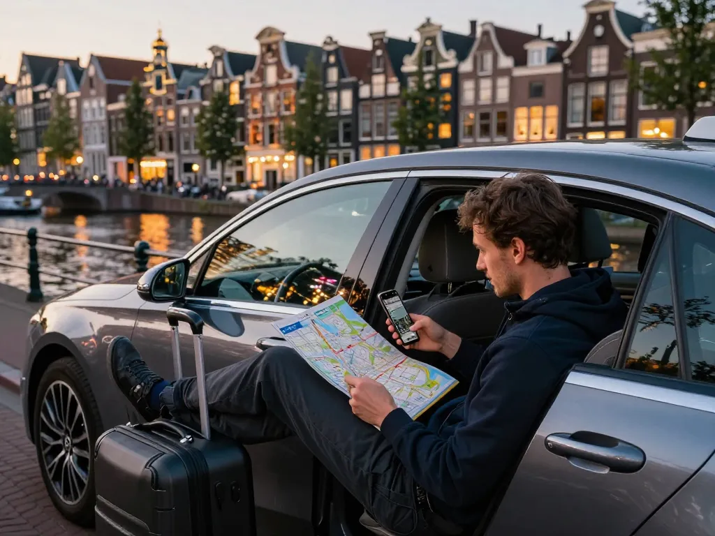 Ervaar Taxi Amsterdam in luxe comfort met een reiziger in een stijlvolle Mercedes taxi die geniet van de iconische uitzichten van de stad.