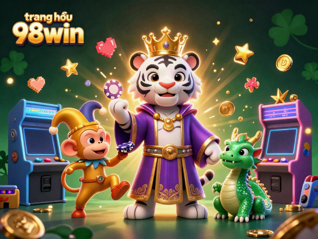 Engage with the vibrant and dynamic scene at trang chủ 98win, featuring a playful golden monkey and a regal white tiger.