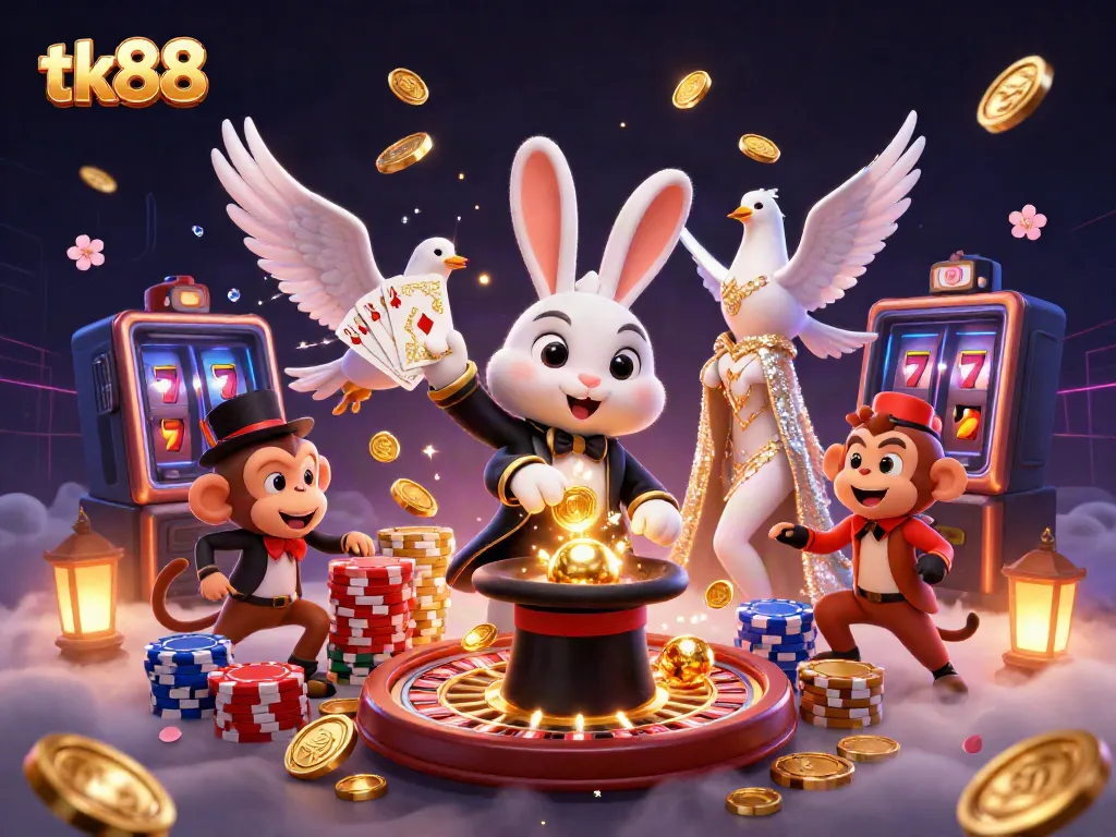 Winning in the tk88 casino with magical characters, sparkling coins, and lively games.