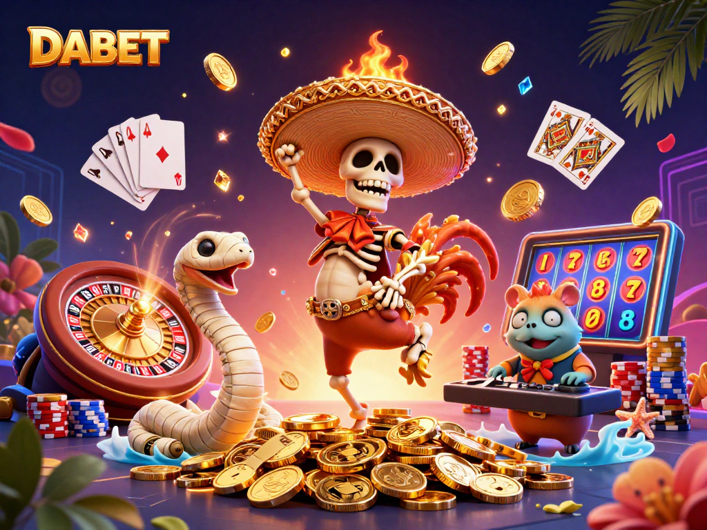 DABET offers thrilling gambling action with a vibrant 3D scene of winning characters celebrating in a casino