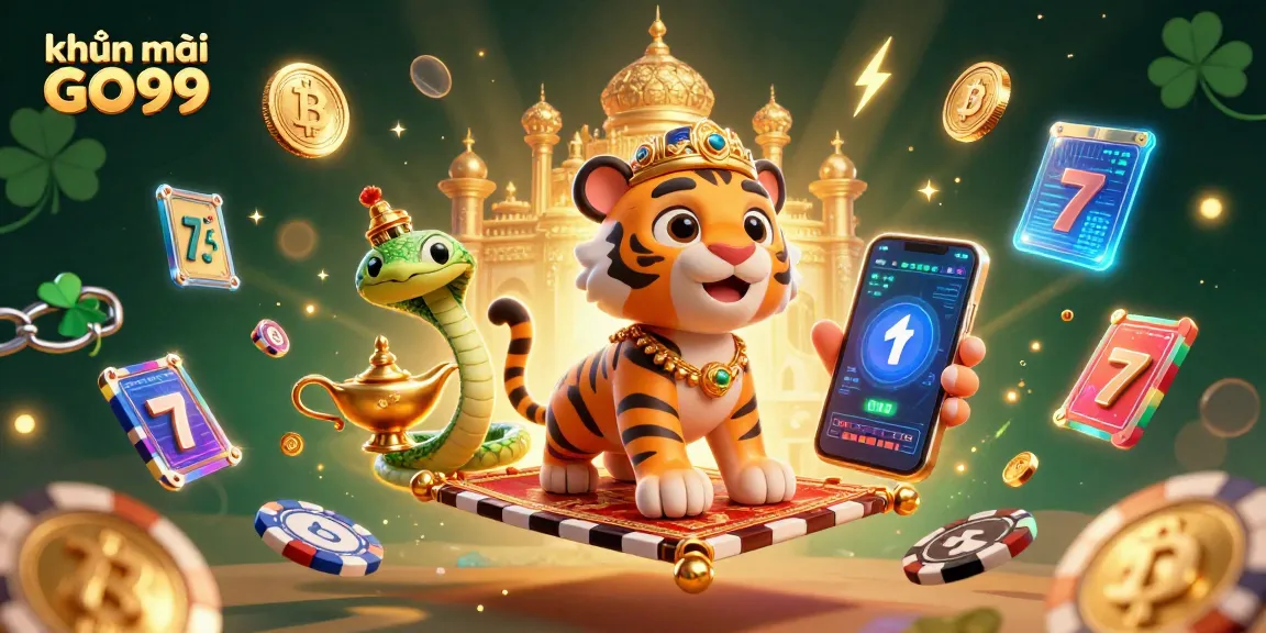 Engage with exciting khuyến mãi GO99 at this vibrant casino illustration featuring a tiger sultan and golden palace.