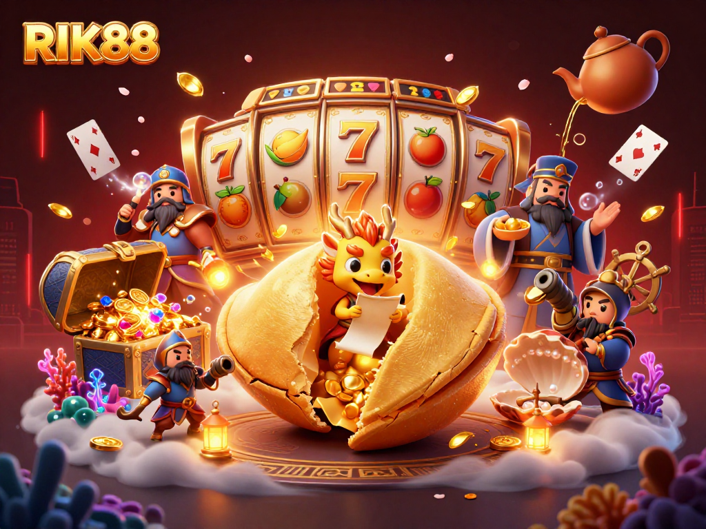 Engage in thrilling RIK88 games with a vibrant 3D casino scene featuring gold treasures and dynamic characters.