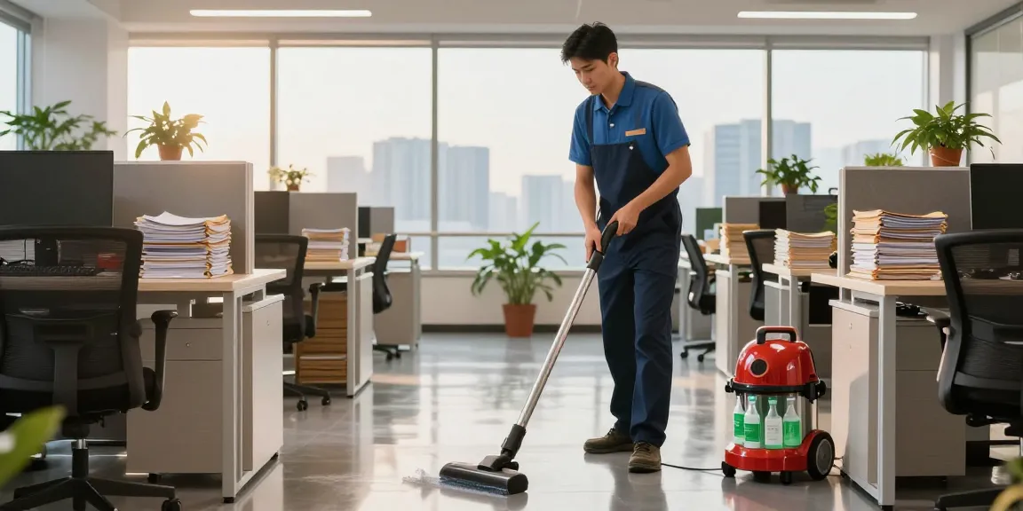 Professional cleaner demonstrating services from a schoonmaakbedrijf den haag in a modern corporate office.