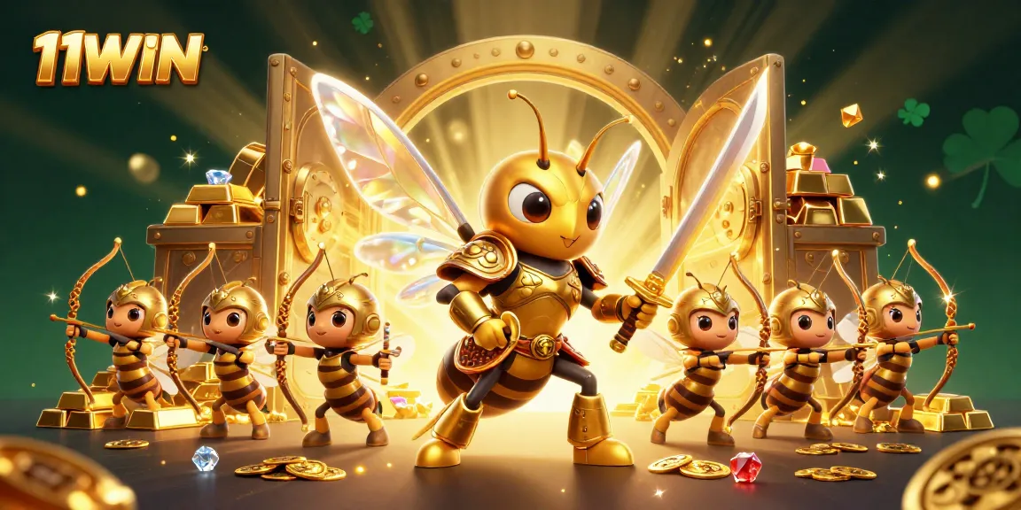 Experience the excitement of 11WIN with a dynamic casino-themed illustration showcasing bountiful treasures.