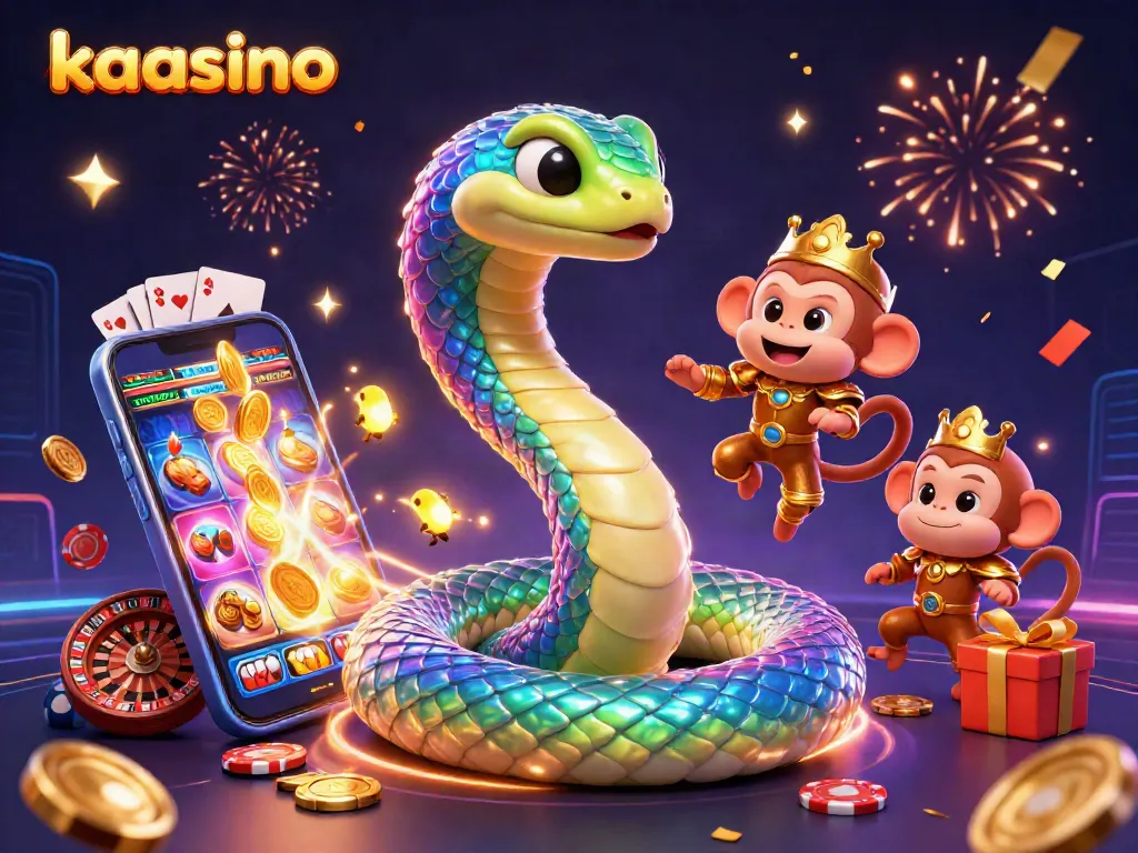 Kaasino offers vibrant gameplay with a colorful 3D scene featuring a rainbow serpent and playful monkey king among casino elements.