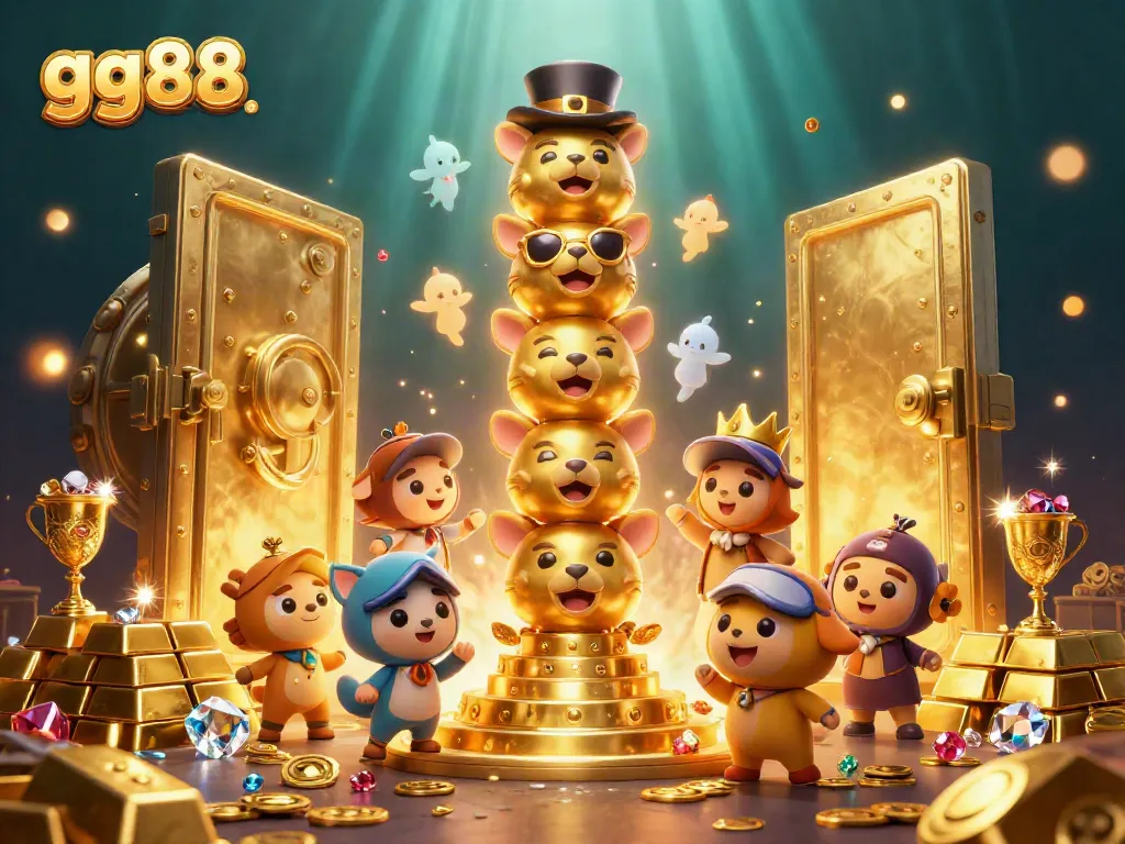 Win jackpots at gg88 with a vibrant 3D casino scene showcasing gold treasures and a whimsical totem.