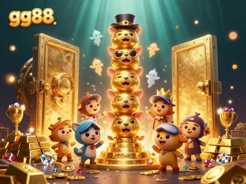 Win jackpots at gg88 with a vibrant 3D casino scene showcasing gold treasures and a whimsical totem.