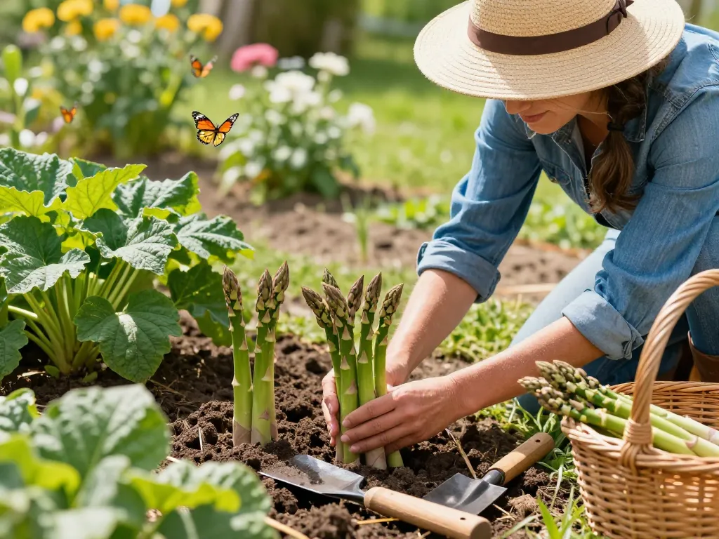 Harvesting fresh asparagus in a home garden, showcasing the joy of growing asperges moestuin.