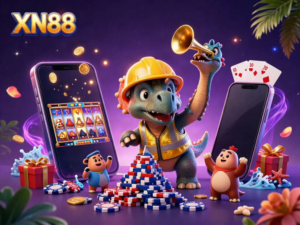 XN88 showcases a cheerful scene of a triceratops stacking poker chips while celebrating gaming victories.