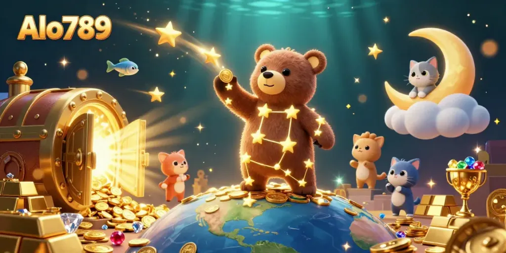 Alo789 invites gamers to win big in a vibrant 3D online casino scene filled with treasures.