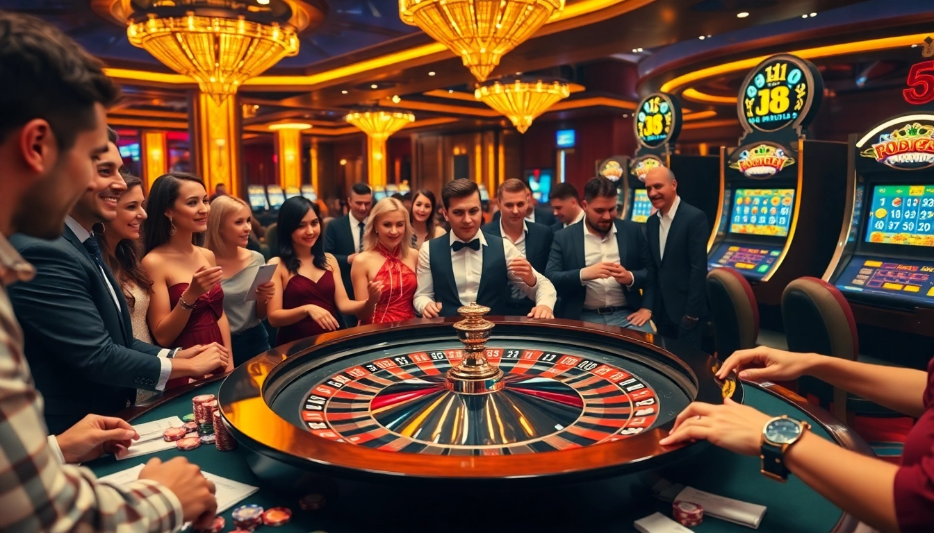 Excited players enjoy high-stakes gambling at a vibrant roulette table in an s8s online casino.