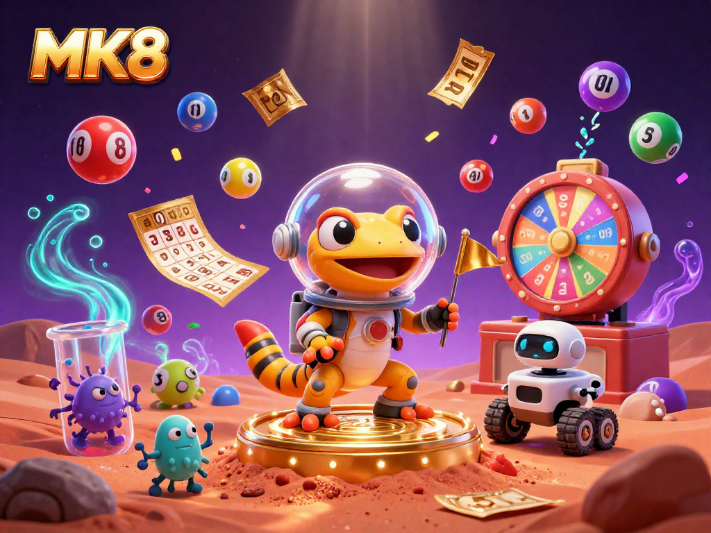 Spin and win at MK8 with colorful lottery elements in a vibrant, action-packed casino scene.