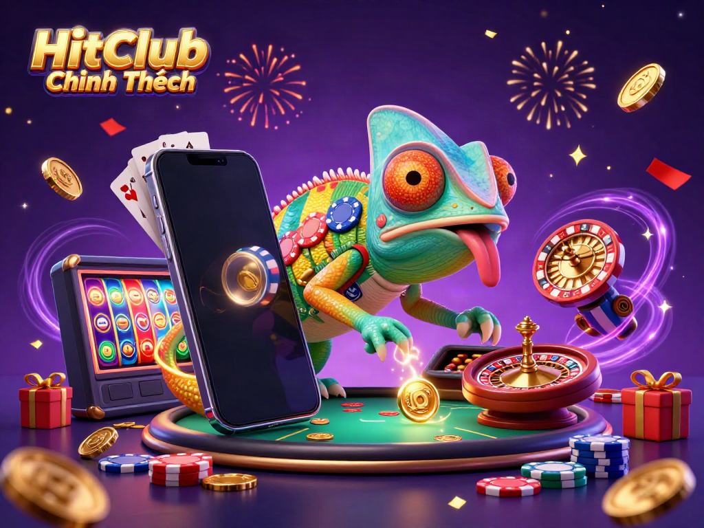 Experience excitement with HitClub Chính Thức, featuring a lively chameleon casino owner surrounded by gambling elements.