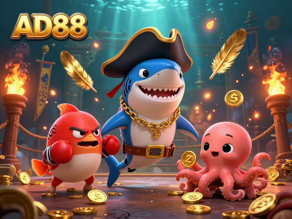 AD88 showcases a lively underwater casino scene with a pirate shark, pufferfish, and octopus amidst gold coins and dynamic gaming elements.