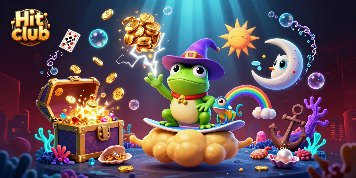 Experience the thrill of Hit club with golden coins raining from a wizard frog in a vibrant, 3D digital casino scene.