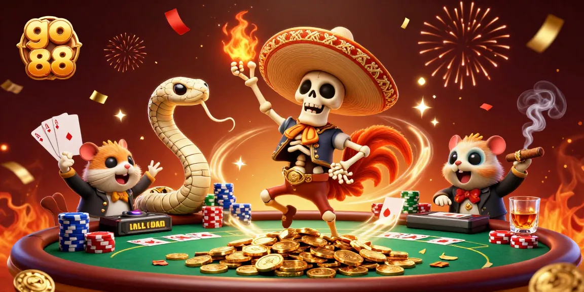Experience excitement at go 88 with a vibrant scene of a mariachi rooster and a DJ hamster celebrating big wins.