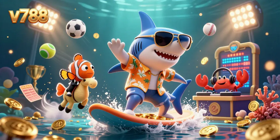Experience the thrilling excitement of v788 with a vibrant underwater casino scene featuring playful sea characters and dynamic gambling elements.
