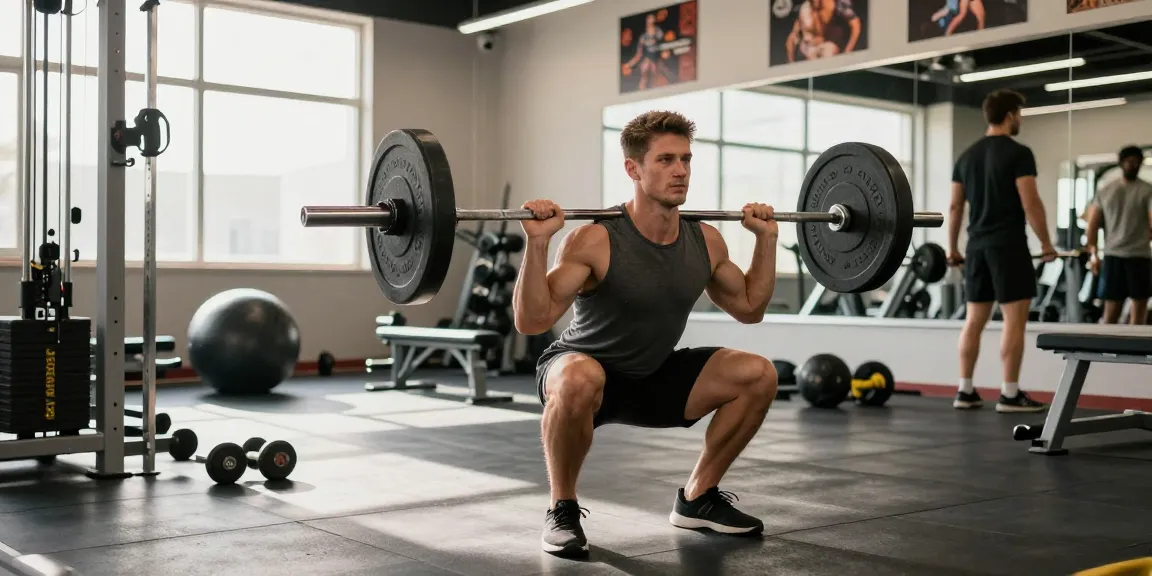 Prime Pharma Steroiden - Athletic man performing barbell squat in modern gym, showcasing strength and focused energy.