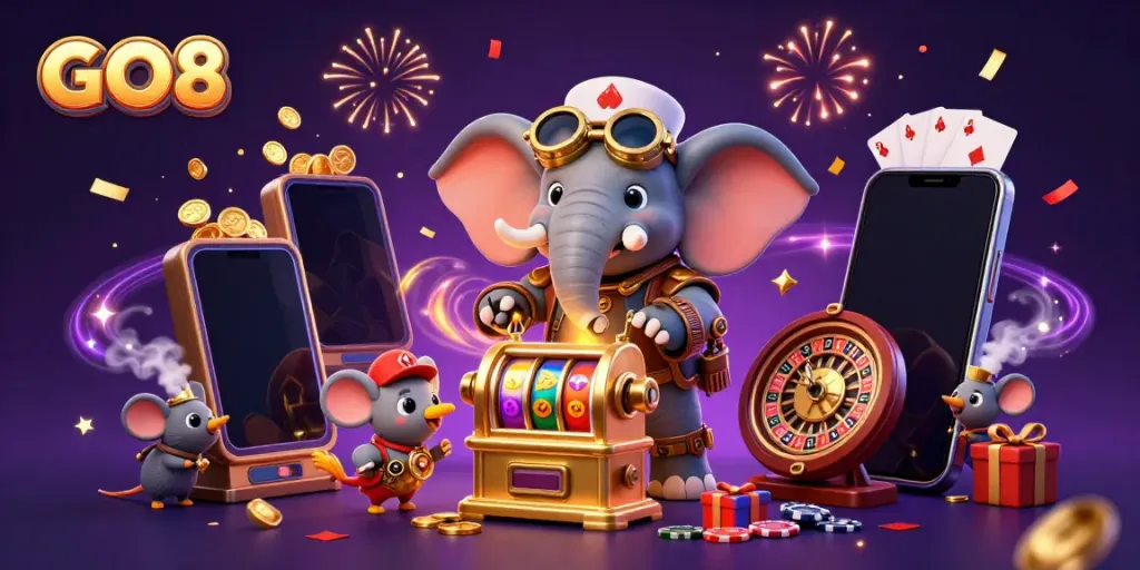 Experience the excitement of GO8 with a steampunk elephant winning on a vibrant slot machine.