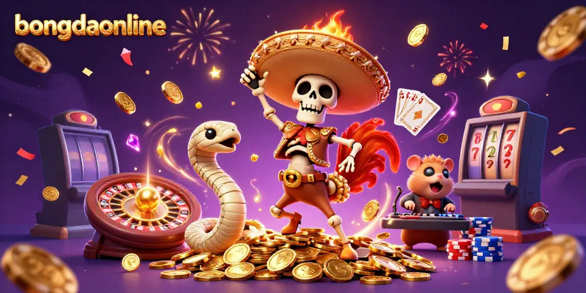 Engage in winning strategies at bongdaonline with playful 3D characters amidst gold coins and casino elements.