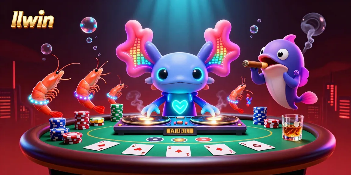 llwin's vibrant online casino scene with neon DJ, shrimp dancers, and poker action