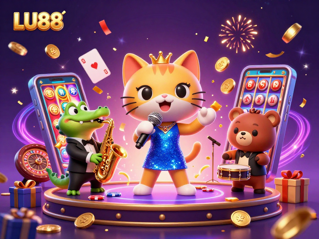 Join the excitement at LU88 with a casino-themed vibrant celebration featuring engaging characters.