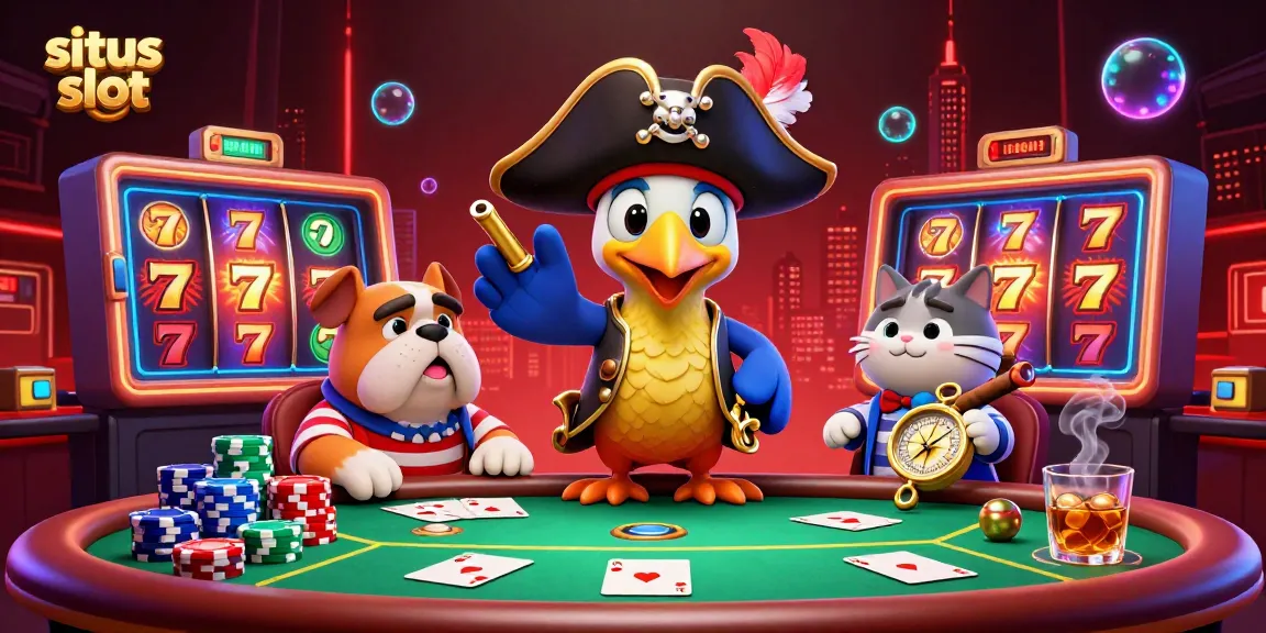 Experience thrilling moments with situs slot as characters gather around exciting casino elements and slot machines.