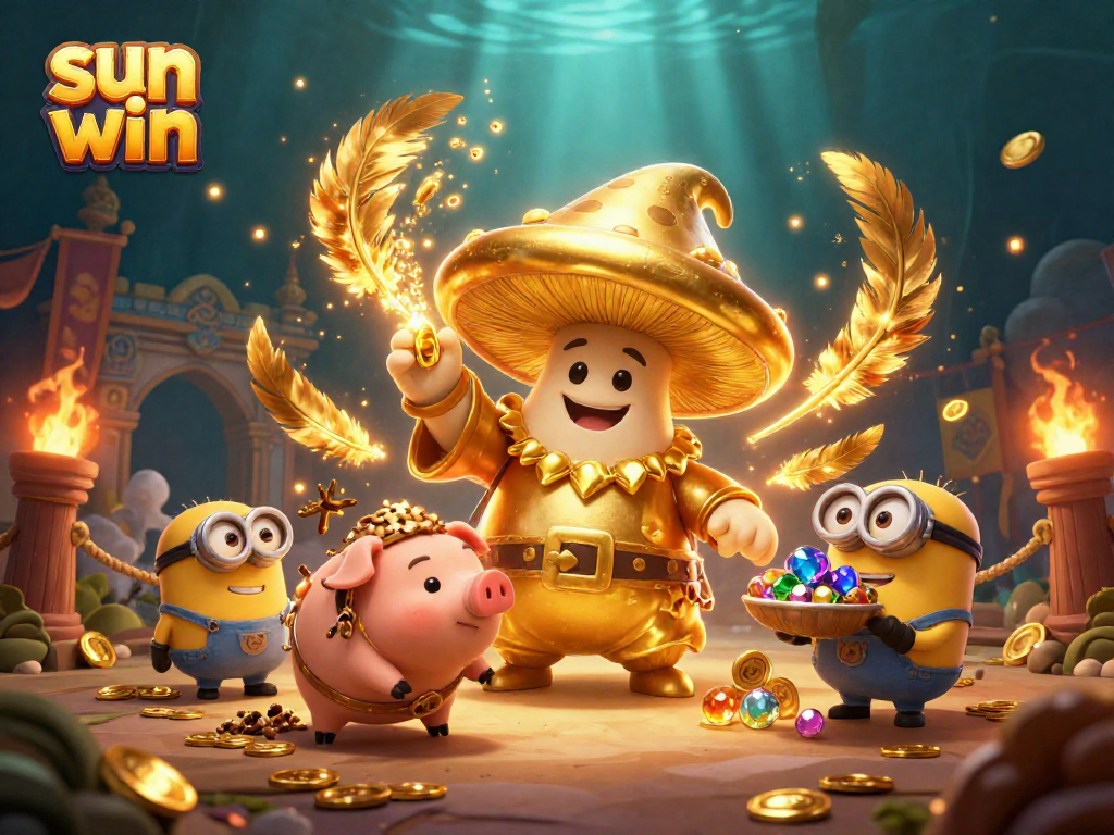 Experience sun win excitement with a golden mushroom wizard and treasure-hunting companions.