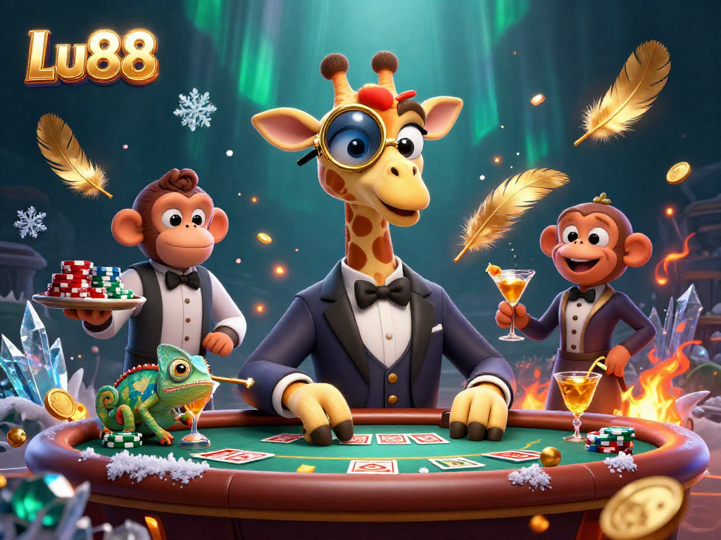 Experience the excitement of Lu88 with a high-roller giraffe at a VIP poker table, showcasing fun casino elements.